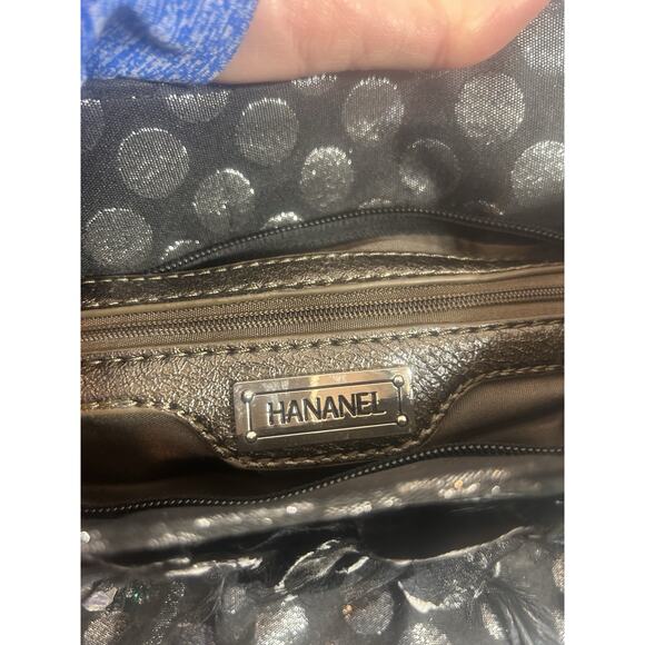 Hananel Black Feathers Flowers Bling Purse Hand Bag Embellished Silver Polka Dot - Picture 15 of 16